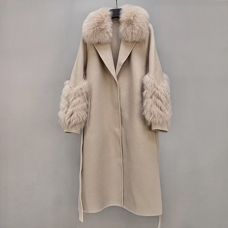 Plush Cashmere Long Coats Real Knitted Fur Collar & Long Cuffs