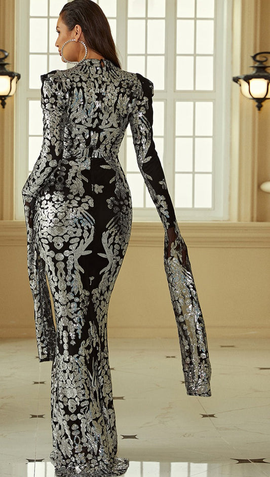 Extra-Long Sleeve Sequin Maxi Dress