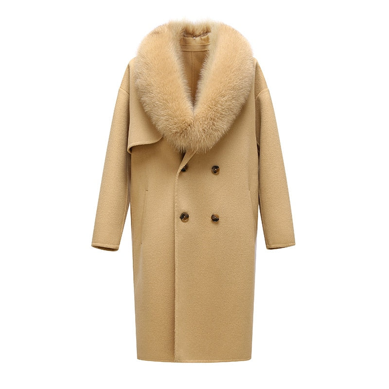 Real Wool Detachable Big Real Fox Fur Collar Long Coats