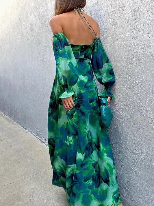Green Flora Print Off-shoulder Backless Maxi Dress