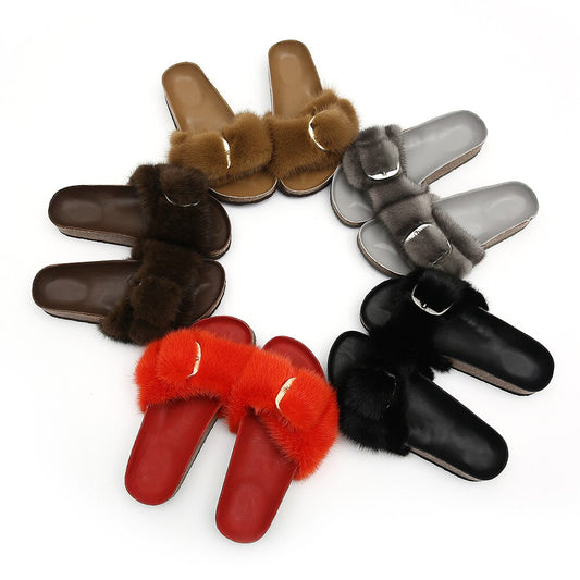 Real Mink Fur Slides Outdoor Flip Flops, Slippers