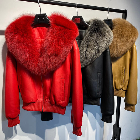 Genuine Leather Jacket Real Fur Collar