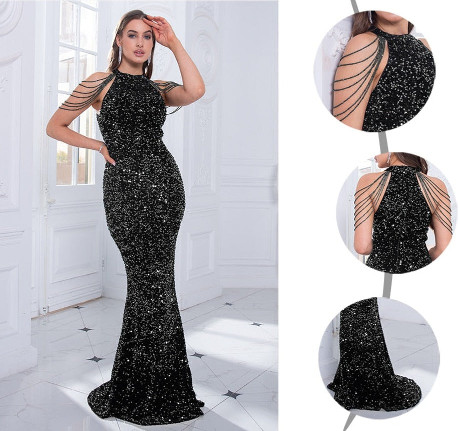 Sequin Beading Halter Sleeveless Evening Dresses