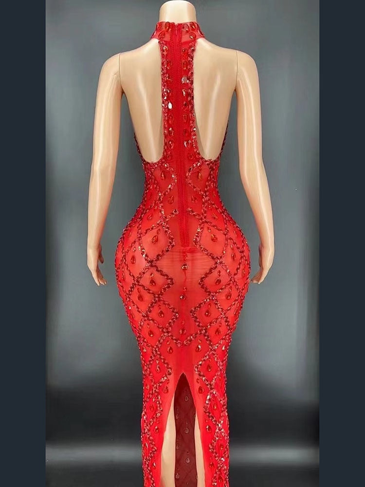 Red Rhinestones Full Wrap Halter Sleeveless Dress