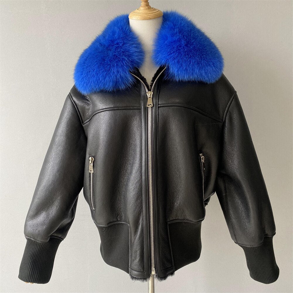 Genuine Leather Coat Shearling Liner Fur Collar Bombers