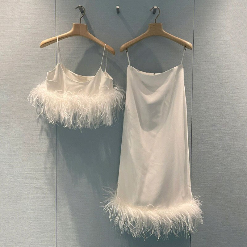 Ostrich Feather Sleeveless Crop & Maxi Skirt Sets