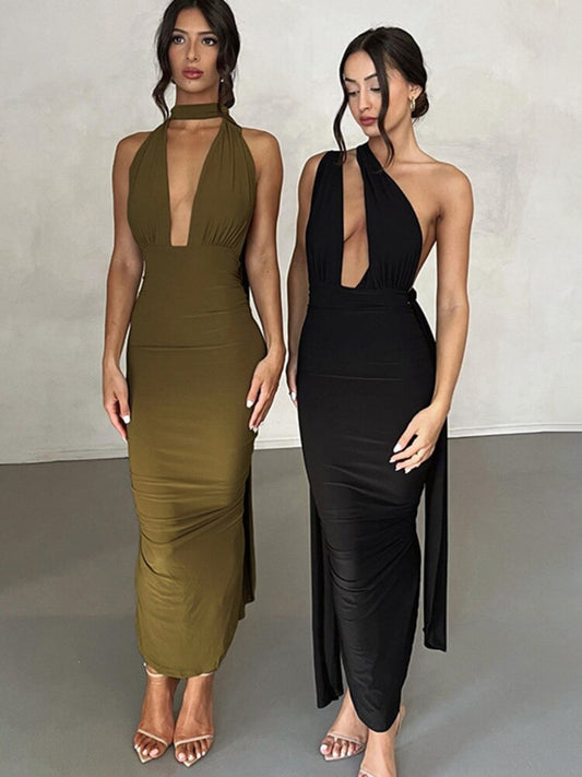 Deep V Sleeveless Backless Maxi Dresses