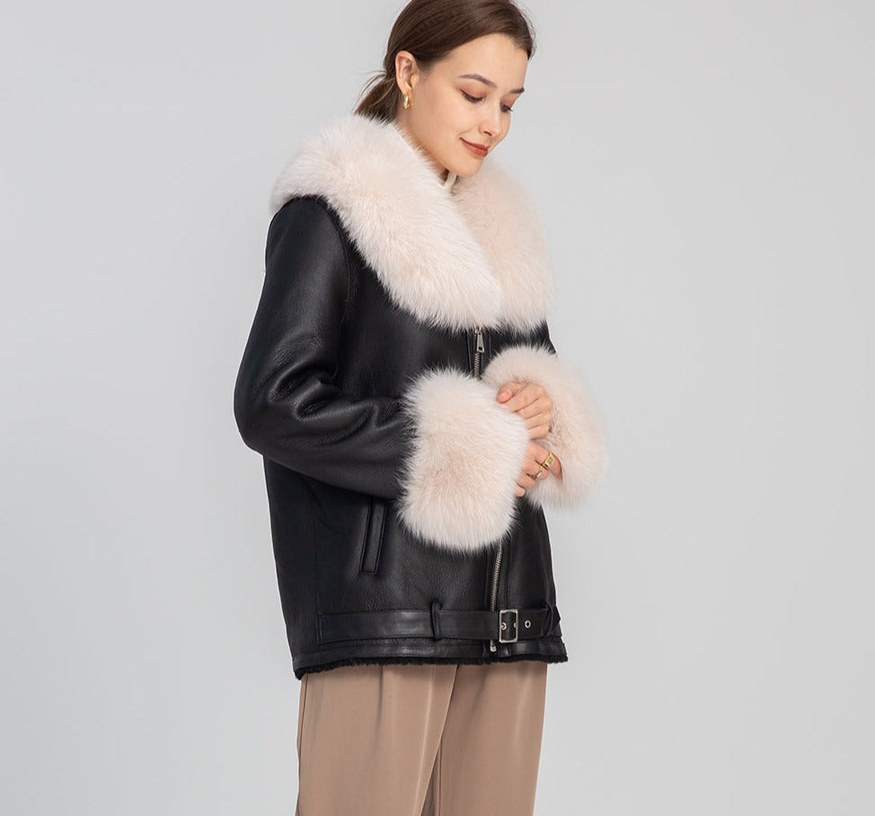 Genuine Leather Coats Real Shearling Fur Collar & Cuffs