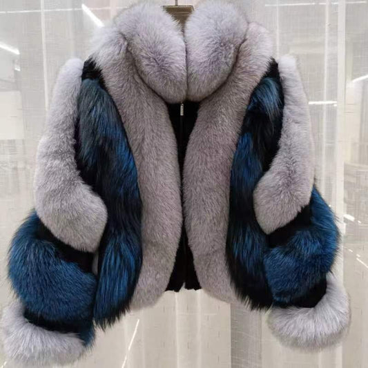 Triple Color Pattern Real Fur Coats Unisex