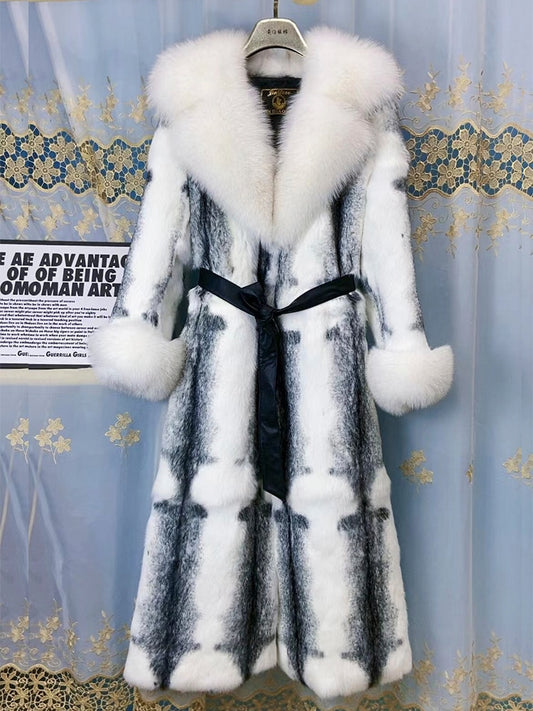 Real Rabbit Fur Coats X-long Real Fox Fur Collar & Cuffs