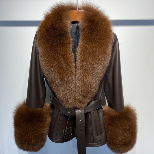 Genuine Leather Big Fur Short Pea Coats