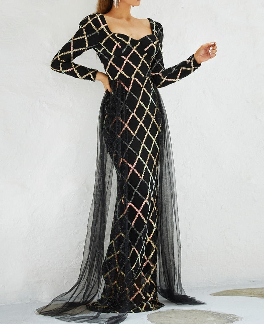 Sequin Mesh Side Drape Sleeved Maxi Dress