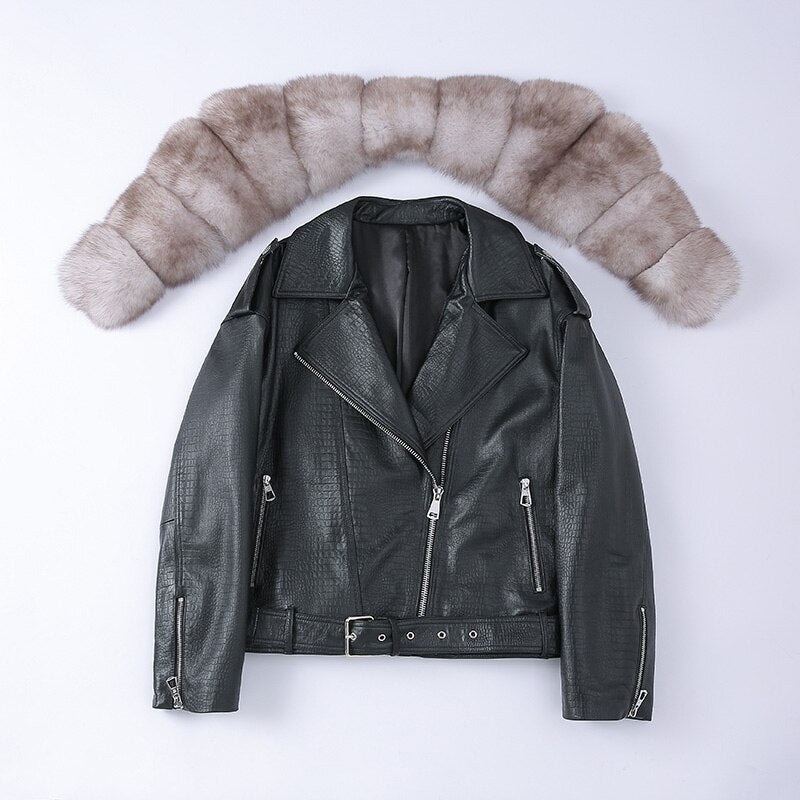 Reptile Genuine Leather Jacket Real Fox Fur Collar