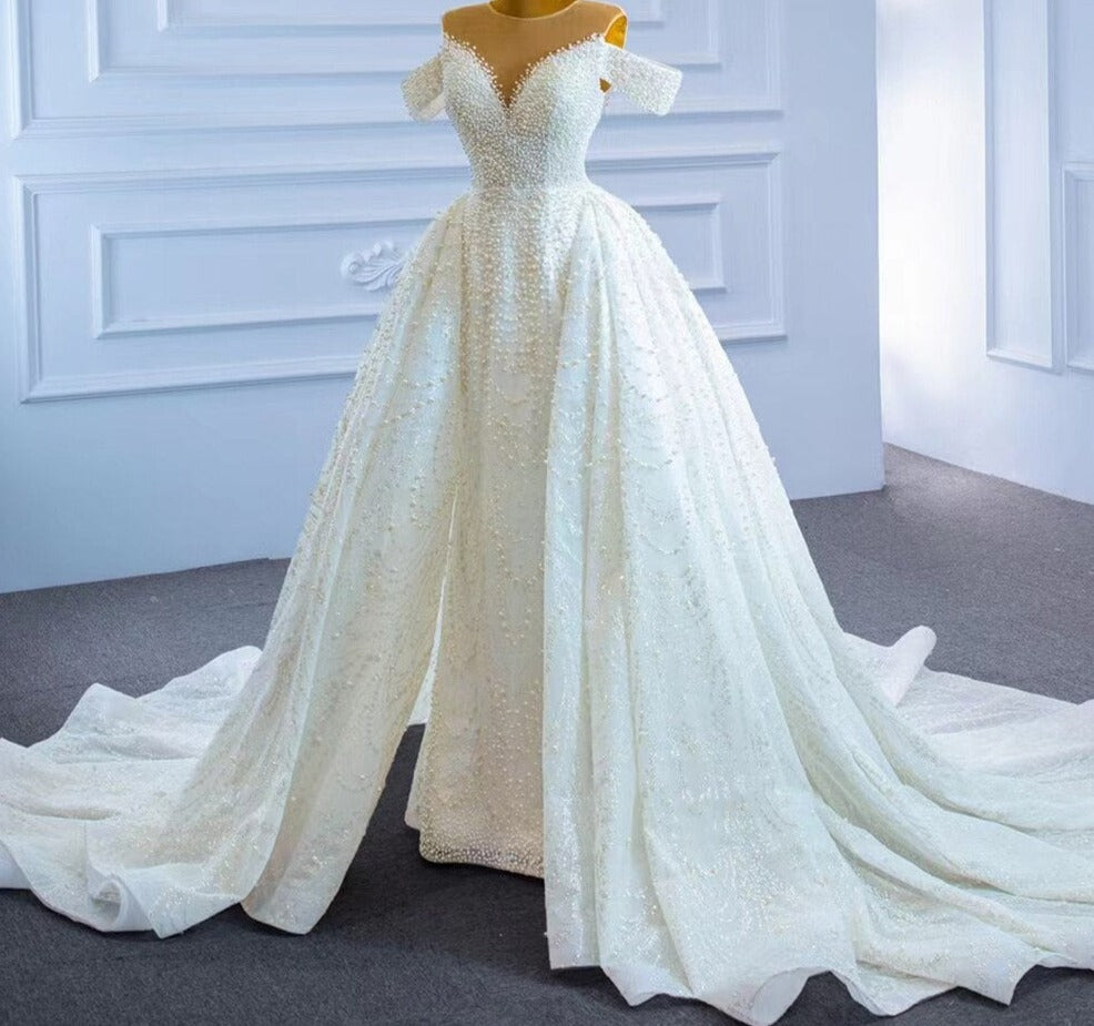 Luxury  Beaded Pearls Lace Up Mermaid Wedding Dress