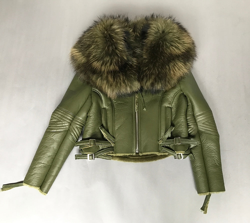 Genuine Leather Moto Jackets Big Fur Collar Wool Liner