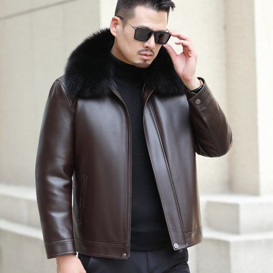 Genuine Leather Duck Down Coat Big Real Fur Collar