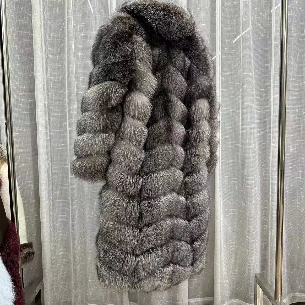 Striped Pattern Real Fox Fur Long Coats