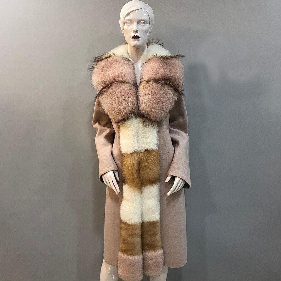 Cashmere Wool Coats Multi Real Fur Long Collar