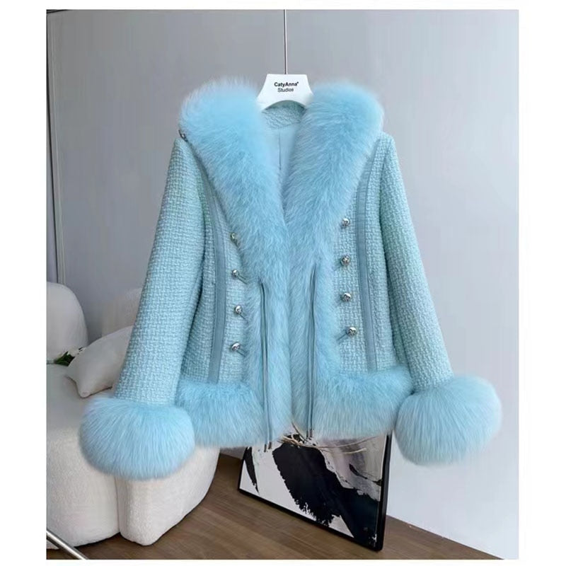 Wool Blend Real Fox Fur Coats