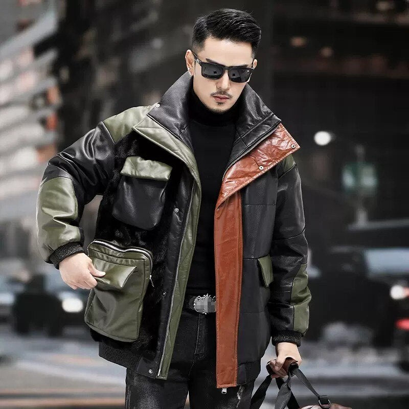 Genuine Leather Down Real Fur Big Pockets Mix Coat