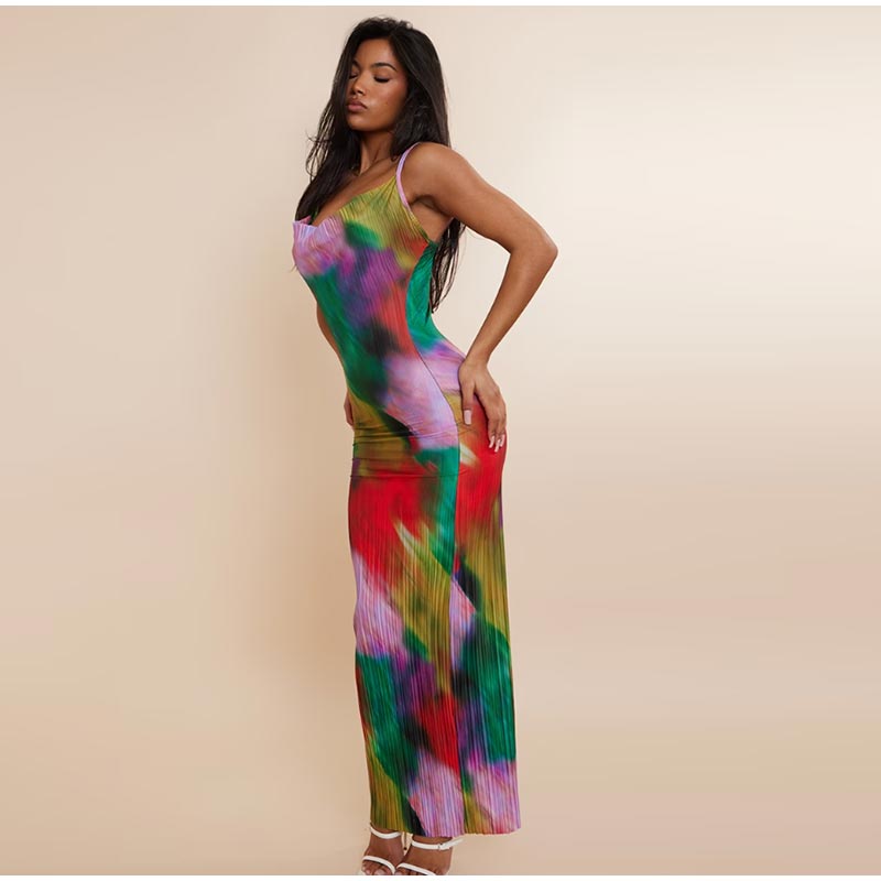 Tie-dyed Printed Pleated Maxi Dresses