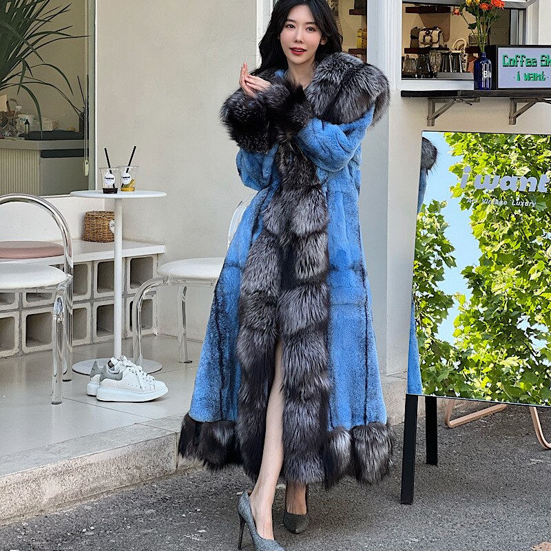 Luxury Real Rabbit Fur X-Long Coats Real Fur Lapel Collar