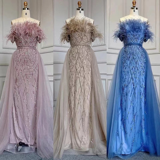 Feather Strapless High Split Overskirt Dresses