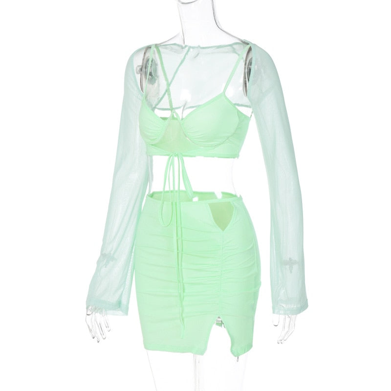 Crop Mesh Sleeve Ruched Slit Mini Skirts Set