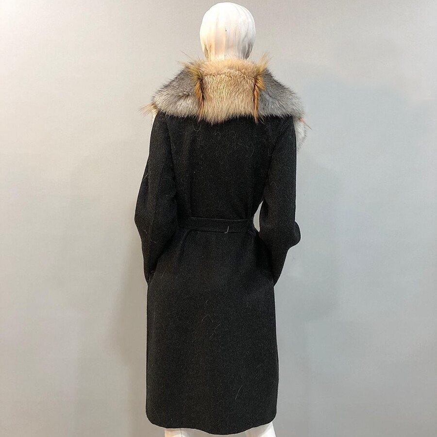 Cashmere Wool Coats Multi Real Fur Long Collar