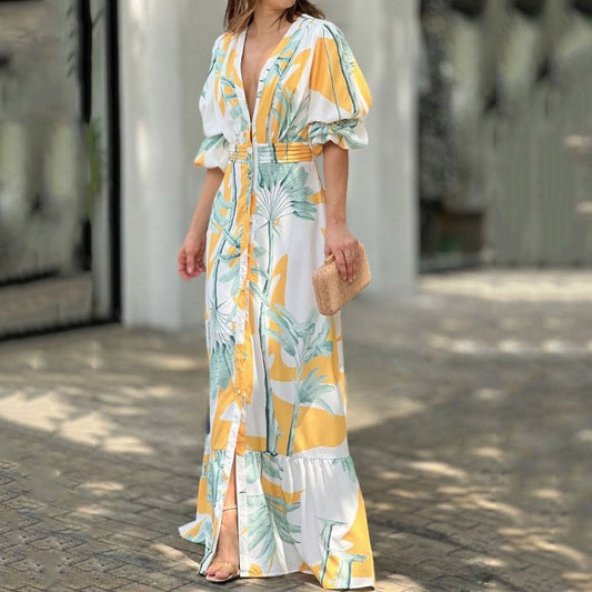 Print Short Puff Sleeve Maxi Dress