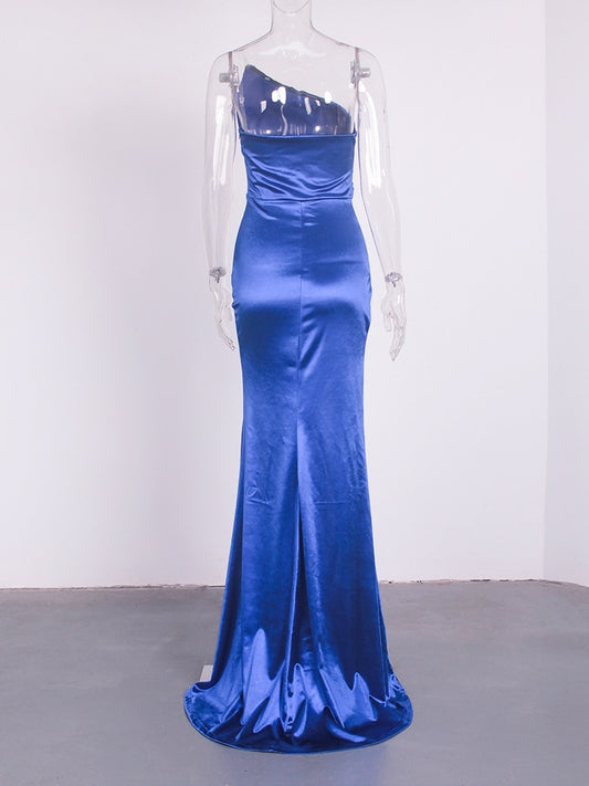 Blue Satin Backless Sleeveless Ruched Slit Maxi Dress