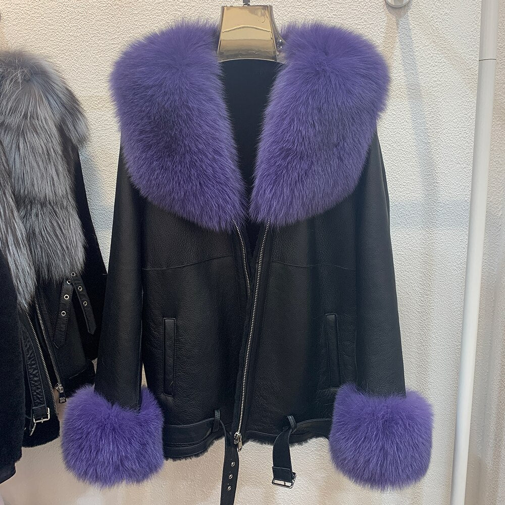 Genuine Leather Coats Real Shearling Fur Collar & Cuffs