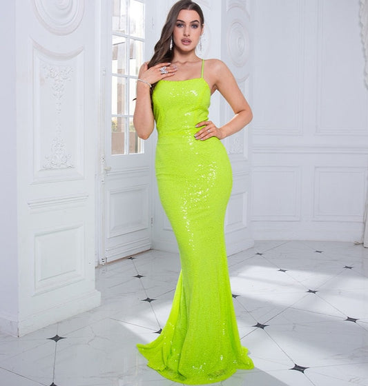 Sequin Open Back Lace Up Sleeveless Floor Length Dress