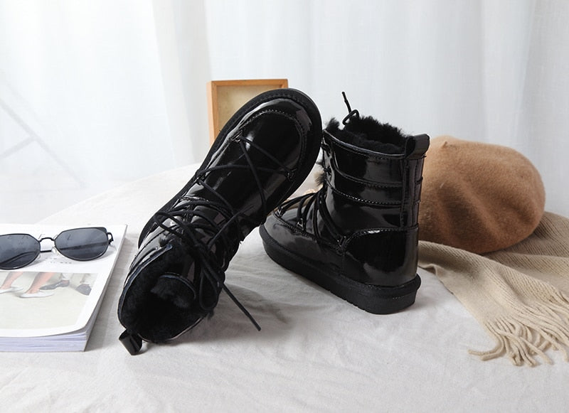 Patent Leather Natural Wool Fur Lined Snow Boots Waterproof