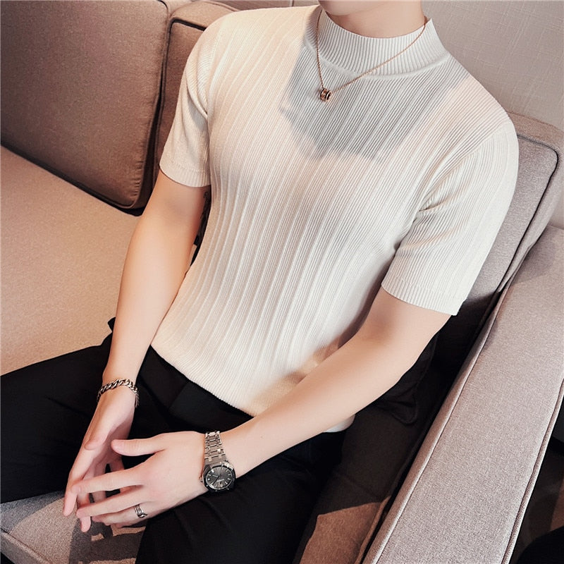 Ribbed Knitted Elasticity Half Collar T-Shirt