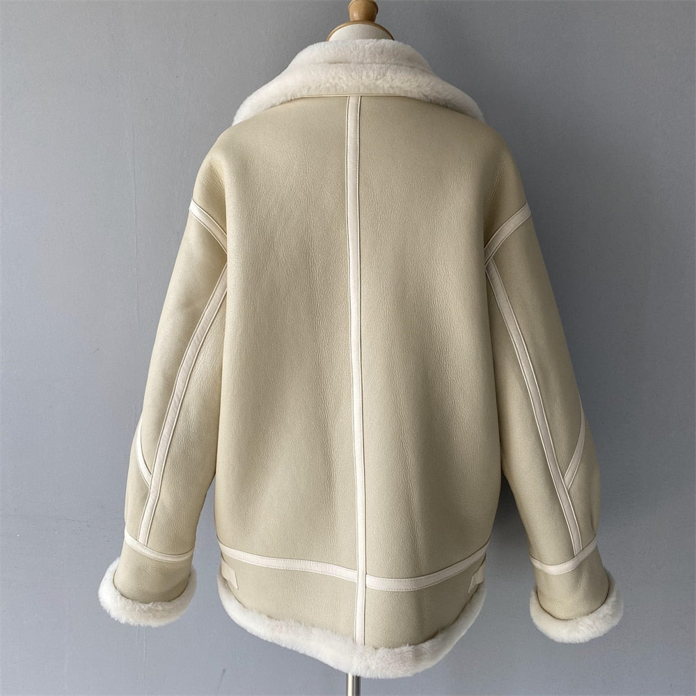 Cream Genuine Leather Coat Shearling Liner Oversized