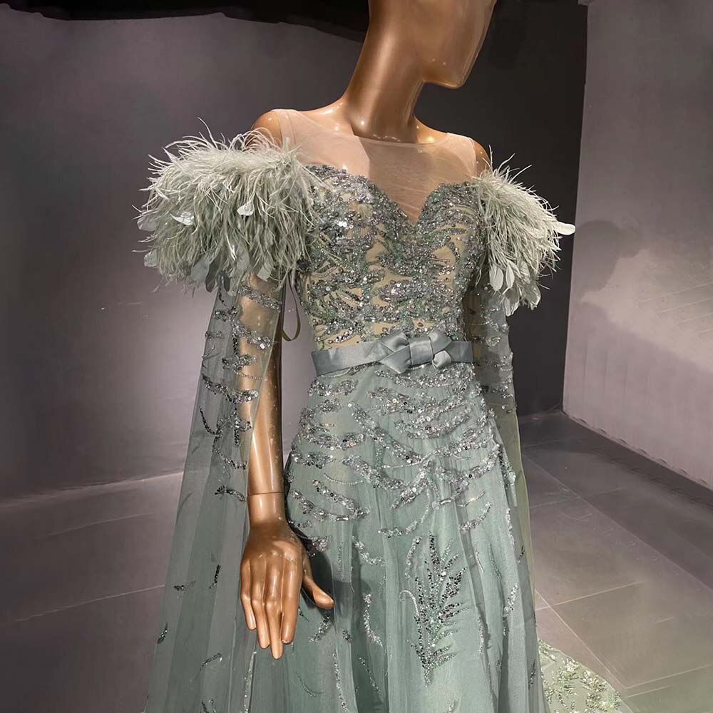 Feather Capes Sleeve Sequin Beaded Floor-Length Dress