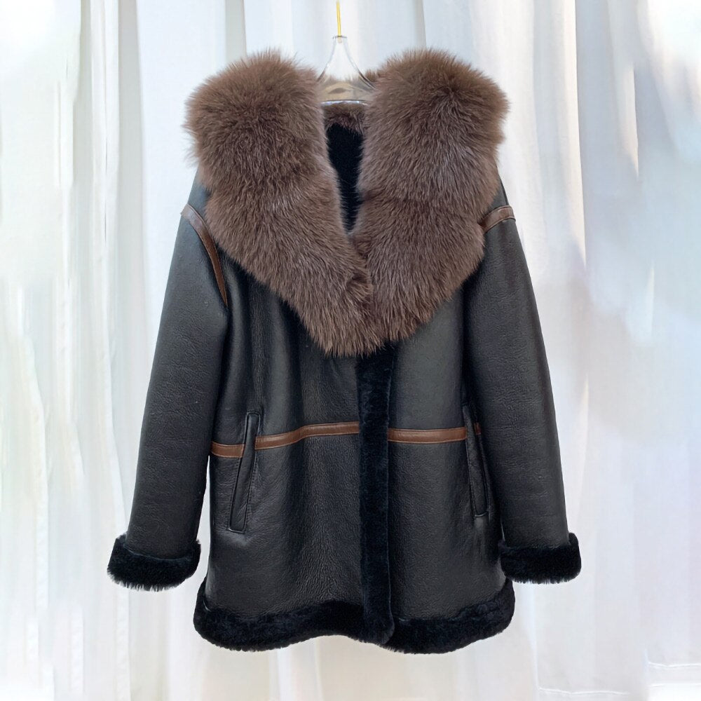 Genuine Leather Coats Shearing Fur Lining Big Real Fur Collar