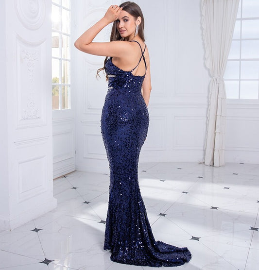 Sequin Crystal V Spaghetti Sleeveless Maxi Dress