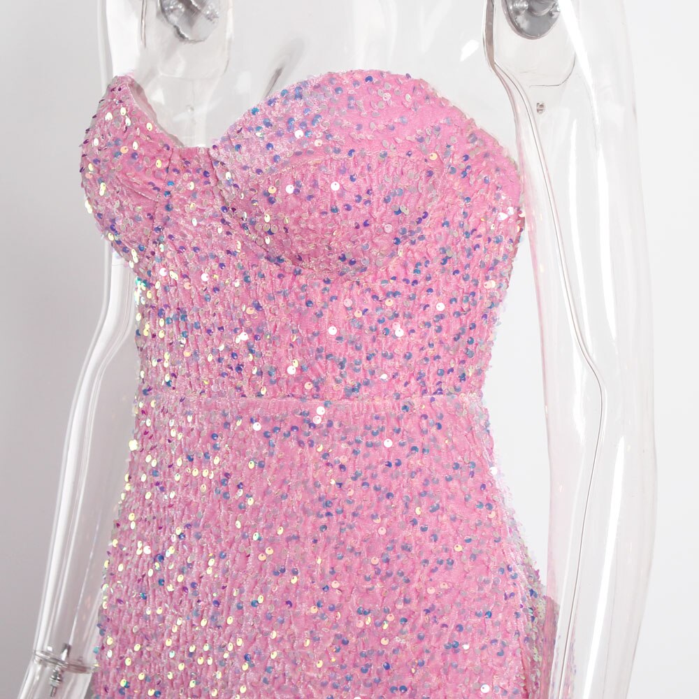 Pink Sequin Strapless Sleeveless Backless Maxi Dress