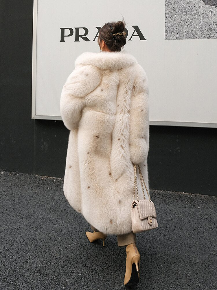 Luxury Polka Dot Real Fox Fur Long Coats