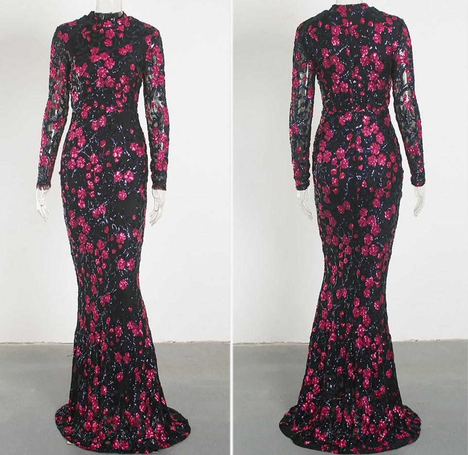 Sequin Flowers Sleeved Mermaid Maxi Dress