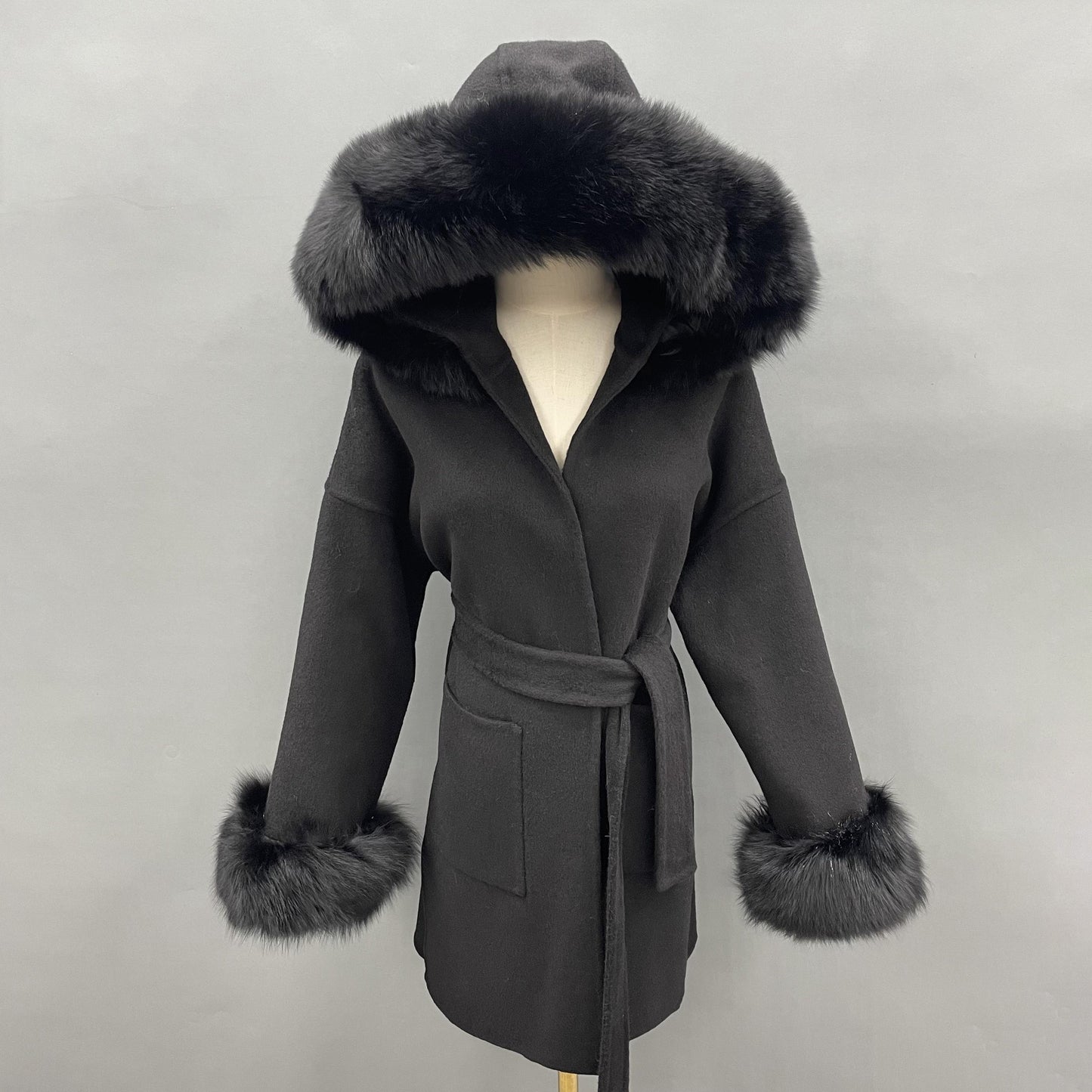 Cashmere Wool Real Fur Collar Cuff Hooded Pea Coats