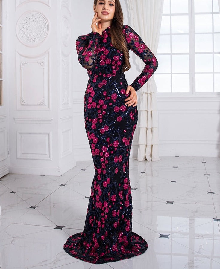 Sequin Flowers Sleeved Mermaid Maxi Dress