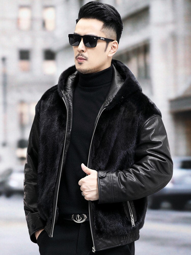 Genuine Leather Hooded Coats Real Mink Fur