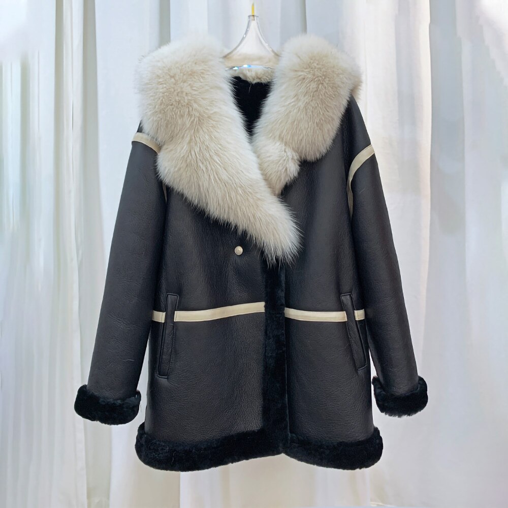 Genuine Leather Coats Shearing Fur Lining Big Real Fur Collar