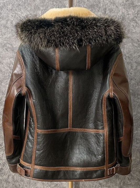 Genuine Leather Shearling Fur Hooded Flight Coats