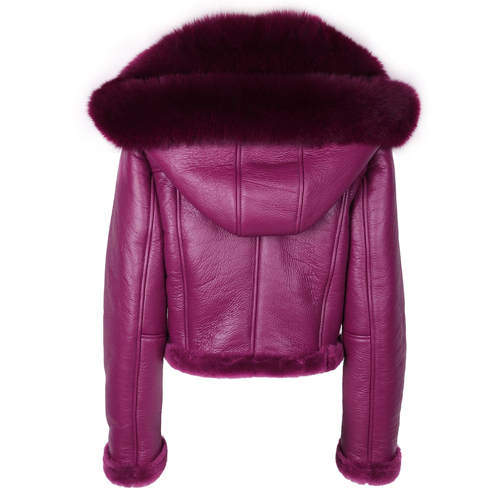 Genuine Leather Coat Real Shearling Fur Removable Hood
