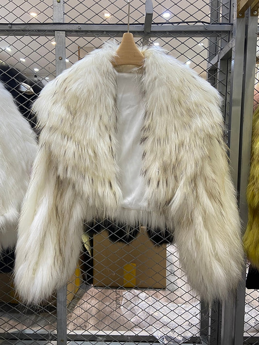 Knitted Real Fur Crop Coats Big Turn-down Collar