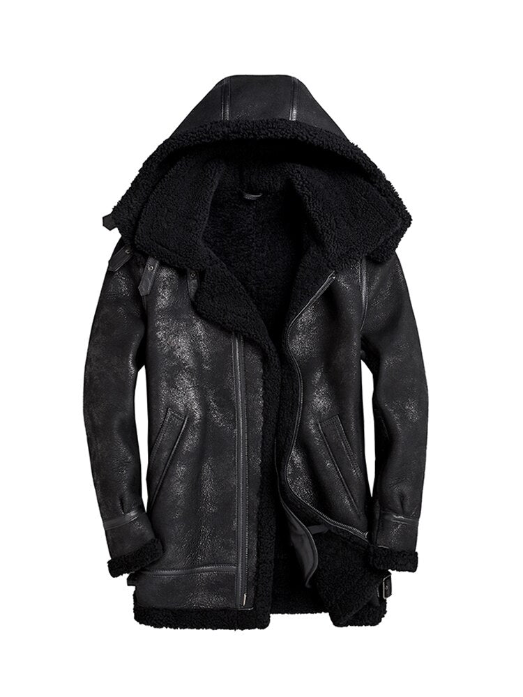 Genuine Leather Real Fur Lining Hooded Coat